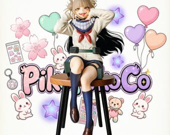 May include: A blonde anime-style character figure with twin buns, wearing a white long-sleeve shirt, dark blue skirt, and dark blue knee-high socks, sitting on a round wooden stool with black legs, set against a background with hearts and bunnies.