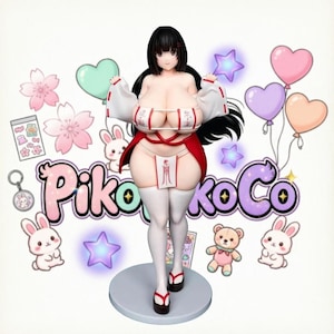 May include: A standing anime-style figurine with black hair, wearing a white and red garment with Japanese text, white thigh-high stockings, and black sandals. The figure is positioned on a circular base against a background of hearts, stars, and bunnies.