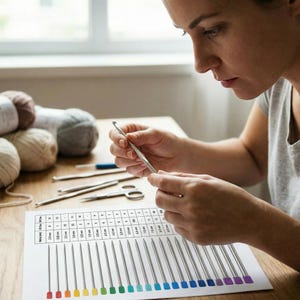 Puede incluir: Una persona sostiene un ganchillo, con una tabla de tamaños de ganchillo en milímetros y pulgadas. La tabla tiene una gama de puntas de colores. Varios ganchillos, tijeras y ovillos de lana están sobre la mesa.