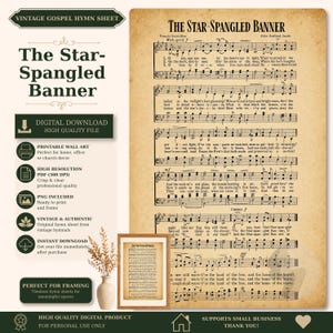 Può includere: Una stampa digitale in stile vintage dello spartito The Star-Spangled Banner con notazione musicale e testi neri su uno sfondo di carta invecchiata color marrone chiaro. Il documento include il titolo, i crediti degli autori e le strofe.