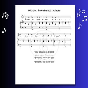 Puede incluir: Partitura de la canción "Michael, Row the Boat Ashore" con notas musicales y letras. El título está en la parte superior, con versos debajo. Las notas musicales están a la izquierda y a la derecha de la página.