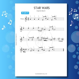 May include: Sheet music for piano featuring the Star Wars Imperial March. The music is for beginner series grade 0-3. The title is in large black letters at the top of the page. The page has a blue border with musical notes.