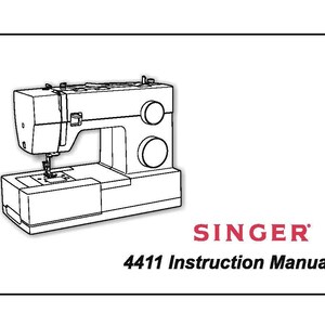 May include: A white instruction manual cover featuring a black line drawing of a Singer sewing machine on the left side. The text SINGER is printed in red, followed by the black text 4411 Instruction Manual centred below the brand name.