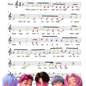Può includere: Spartito di "Soda Pop" per principianti, con note musicali e punti colorati. Il titolo è sopra un gruppo di cinque figure animate in toni rosa e blu. È presente anche il testo "K-Pop Demon Hunters".
