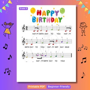 Può includere: Spartito musicale con le parole "Happy Birthday" in lettere di palloncini colorati. Le note musicali sono codificate a colori ed etichettate per principianti. Il testo "Printable PDF" e "Beginner-Friendly" è in basso.