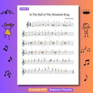 Puede incluir: Partitura de "In The Hall of The Mountain King" de Edvard Grieg, etiquetada como "Grado 0". La música está escrita con notas coloridas sobre un fondo blanco. También se ven las palabras "PDF imprimible" y "Para principiantes".