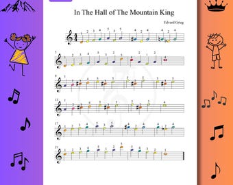 En la gruta del rey de la montaña - Partitura de piano muy fácil - Notas coloridas para niños