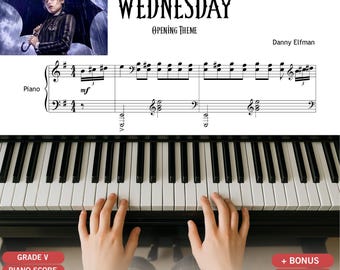 Partitura para piano con el tema del miércoles: Danny Elfman, nivel 4-5 (PDF)