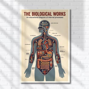 May include: Anatomy diagram poster titled "THE BIOLOGICAL WORKS" with an illustration of the human body. The diagram shows internal processes, including the brain, lungs, heart, and digestive system, in a vintage style with a beige background.