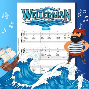 Può includere: Spartito di "Wellerman" a tema pirata. Il titolo è in un design a onde blu. Un pirata dei cartoni animati è in piedi su un'onda e una nave naviga a sinistra. Sono visibili anche note musicali e il testo "Grade 1".