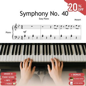 Peut inclure: Partition de piano pour la Symphonie n° 40 de Mozart, intitulée "Piano facile". L'image montre un clavier de piano avec une partition et des mains jouant. Comprend des notes colorées et des notes en lettres.