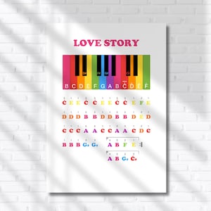May include: A white poster with the text "LOVE STORY" in pink. It features a colorful piano keyboard graphic with musical notes and letters. The notes are in various colors, including red, orange, and green.