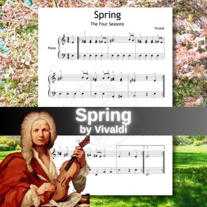 Può includere: Spartito di "Primavera" dalle "Quattro Stagioni" di Vivaldi, con un ritratto di Vivaldi con un violino. Il titolo "Primavera" è in evidenza, insieme alla notazione musicale per pianoforte e violino. L'immagine ha uno sfondo di un paesaggio primaverile.