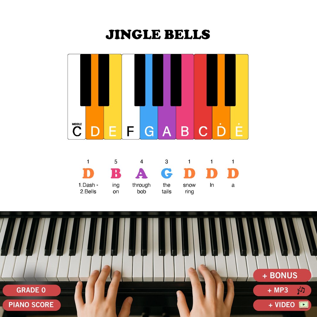 Jingle Bells Piano Sheet – Color Coded Letter Notes | Right Hand Only ...