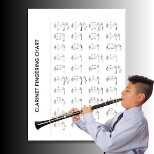 Clarinet Fingering Chart printable PDF and PNG digital download, high-resolution single-page music poster showing the full clarinet note range with accurate fingerings, designed for beginners, teachers, and advanced players, perfect for classrooms, private lessons, or home study, printable in A4 to poster sizes for versatile use.