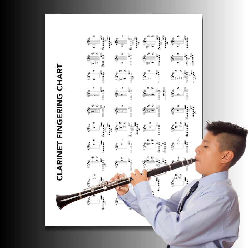 Clarinet Fingering Chart printable PDF and PNG digital download, high-resolution single-page music poster showing the full clarinet note range with accurate fingerings, designed for beginners, teachers, and advanced players, perfect for classrooms, private lessons, or home study, printable in A4 to poster sizes for versatile use.