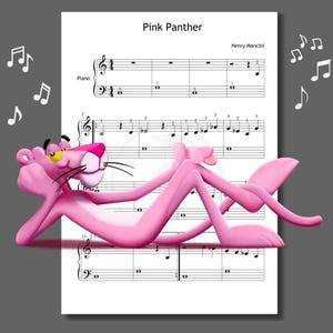 May include: A cartoon image of the Pink Panther in a relaxed pose, lying on a sheet of piano music. The music sheet has the title "Pink Panther" and the composer's name, Henry Mancini. Musical notes are scattered around the sheet.