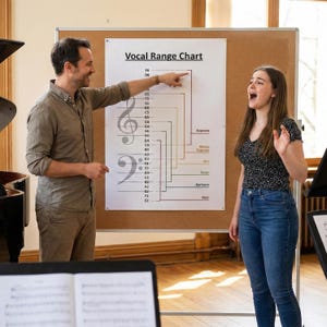 Op de afbeelding: Een man wijst naar een stembereikdiagram op een prikbord, terwijl een vrouw zingt. De grafiek toont muzieknoten en stembereiken. Een vleugel en een muziekstandaard staan op de achtergrond. De vrouw draagt een zwart-wit patroon top en een blauwe jeans.