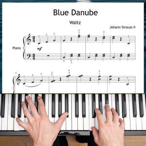 May include: A sheet music page titled Blue Danube Waltz by Johann Strauss II for piano, featuring black musical notation on a white background, positioned above a piano keyboard with black and white keys, showing two hands playing the instrument.