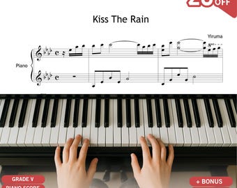 Partitura para piano de "Kiss the Rain" - Yiruma, nivel 5-6 con notas a color.