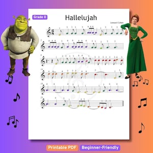 Puede incluir: Partitura de "Hallelujah" de Leonard Cohen, etiquetada como "Grado 0" y "Apto para principiantes". La música está sobre un fondo blanco con notas coloridas. Los personajes de Shrek y Fiona están a ambos lados de la partitura.