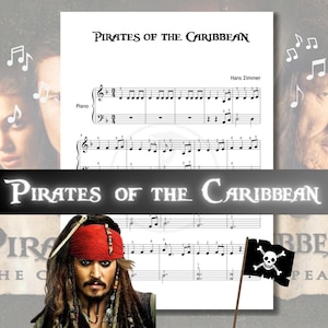 Puede incluir: Partitura de "Piratas del Caribe" de Hans Zimmer. La partitura de piano se muestra sobre un fondo blanco con el título en la parte superior. La imagen incluye una bandera pirata y un retrato de un pirata.