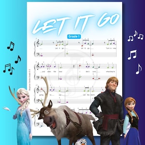 Könnte beinhalten: Noten für "Let It Go" aus dem Film Frozen, mit dem Titel in leuchtendem Blau. Die Musik ist für Anfänger der 1. Klasse. Charaktere aus dem Film, darunter Elsa, Anna, Kristoff, Sven und Olaf, sind abgebildet.