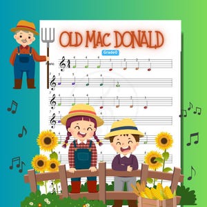 Spartiti per pianoforte di Old MacDonald: facili, con codifica a colori per bambini (livello 0)