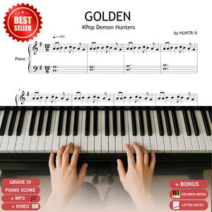 May include: A piano score titled "GOLDEN" for KPop Demon Hunters, with a "BEST SELLER" badge. The sheet music is displayed above a piano keyboard, with hands playing the keys. Includes bonus features like colored notes and video.