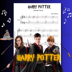 Puede incluir: Una partitura de "Hedwig's Theme" de Harry Potter, con los personajes Harry, Hermione y Ron. El título "Harry Potter" está en oro, con una fuente brillante. Notas musicales y un sombrero de mago en el fondo.