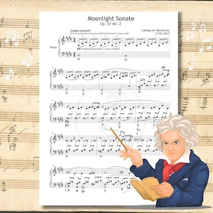 Könnte beinhalten: Illustration von Noten für Beethovens "Mondscheinsonate", Op. 27 Nr. 2. Das Bild enthält eine Cartoon-Darstellung von Beethoven mit einem Buch und einem Zeigestab. Der Text "Moonlight Sonate" und "Ludwig van Beethoven" sind sichtbar.