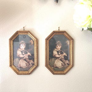 Vintage Italian Octagon Frame Set Young Girl Dog Portrait Gilt Wall Art