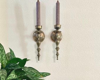 Vintage Brass Wall Sconces Spindle Candlestick Holder Pair Boho Wall Decor