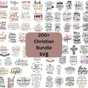 Op de afbeelding: Een digitale bundel met meer dan 200 christelijke SVG-ontwerpen. De afbeelding toont verschillende citaten en zinnen, waaronder "Jezus houdt van je", "God is mijn toevlucht" en "Liefde faalt nooit", in diverse lettertypen en stijlen. Ideaal voor knutselprojecten.