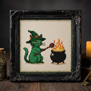Witchy Cat Cross Stitch Pattern – Intermediate Dark Cauldron Brew xstitch Chart Embroidery PDF