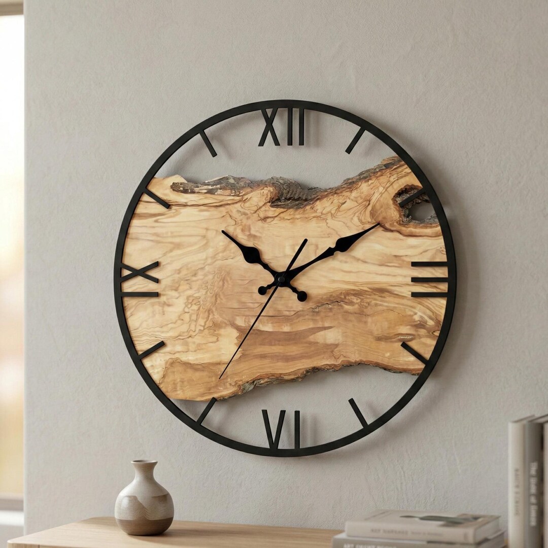 Rustic Timepiece Live Edge Wood Wall Clock | Rustic Metal Timepiece Decor | Modern ...