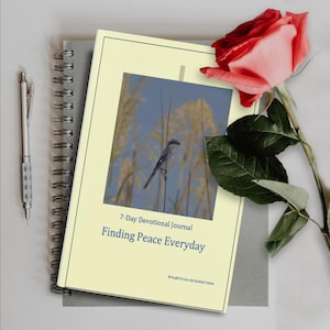 May include: A 7-Day Devotional Journal titled "Finding Peace Everyday" with a bird image on the cover. The journal is light yellow and rests on a gray notebook. A red rose and a silver pen are also in the image.