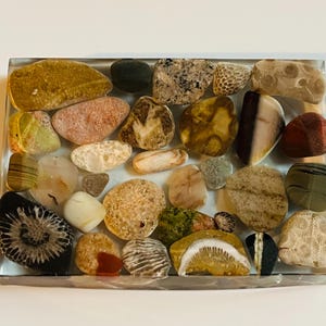May include: A rectangular resin piece filled with a variety of colorful stones and shells. The stones are in shades of yellow, pink, brown, and green. Some have unique patterns and textures, creating a natural, decorative element.