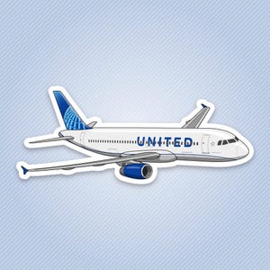 May include: A white commercial airplane sticker featuring the blue United logo on the tail and the word UNITED in blue lettering along the side of the fuselage. The aircraft has blue engine cowlings and a white body with a thin blue trim line.