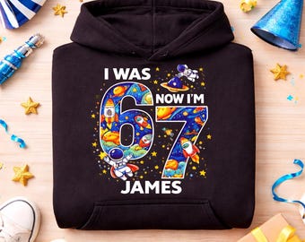 Personalize Retro Space Number 6 And 7 Hoodie, Vintage Astronaut Planets Design, Custom 6th Birthday Rocket Astronaut T-Shirt