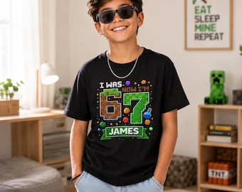 I Was 6 Now I Am 7 Shirt, Custom Birthday Tee, Personalized Name Kids Shirt, Funny 67 Meme Birthday Tee, Pixel Gamer 7th Birthday Shirt