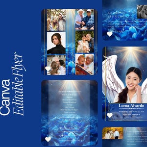 Op de afbeelding: Een bewerkbare Canva flyer-sjabloon met een blauw bloemmotief. De flyer bevat foto's, tekst en afbeeldingen voor een begrafenisdienst. De sjabloon toont een foto van een vrouw met engelen vleugels en de tekst "Lorna Alvardo".