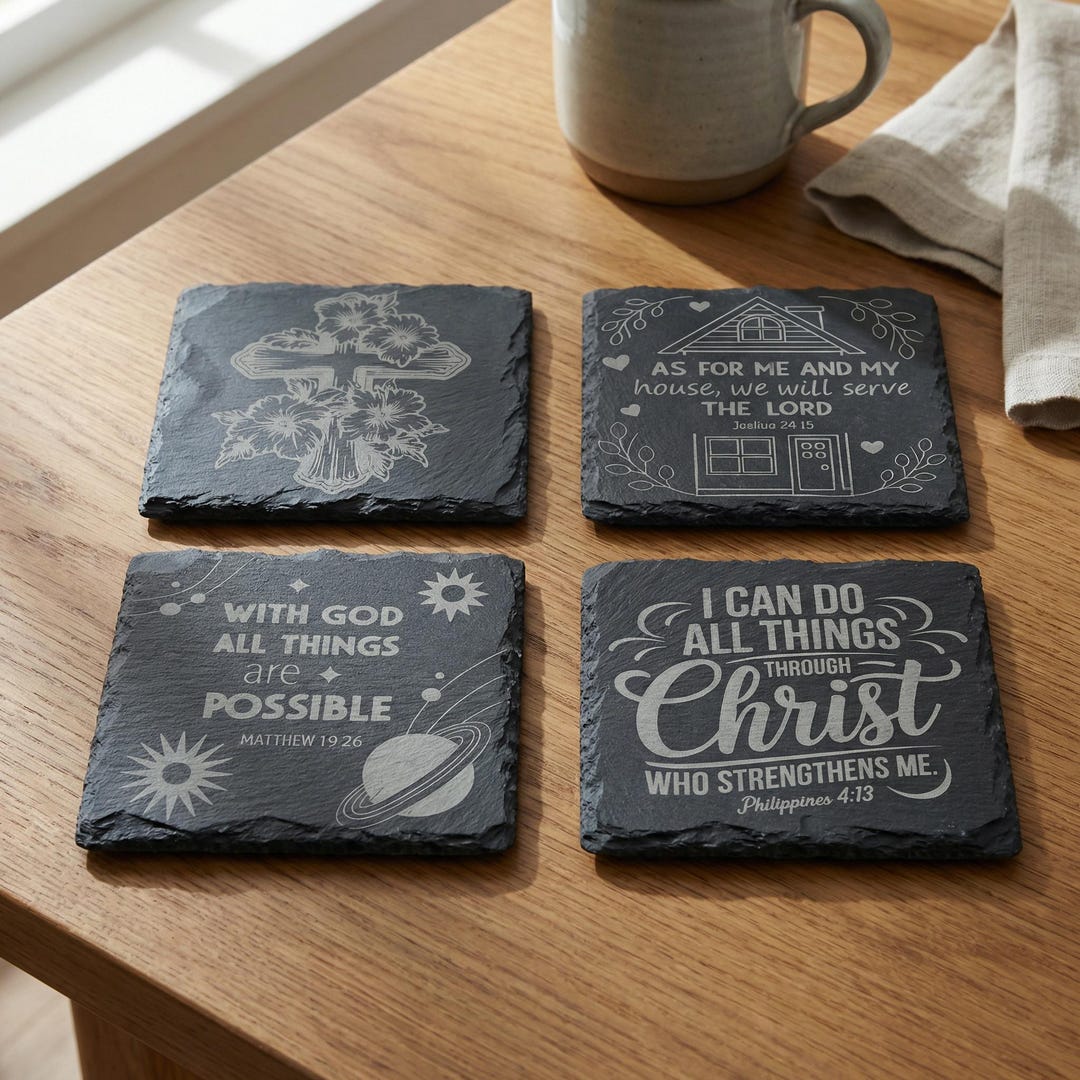 Christian Coasters Set - Bible Verse Engraved Slate Religious Faith ...