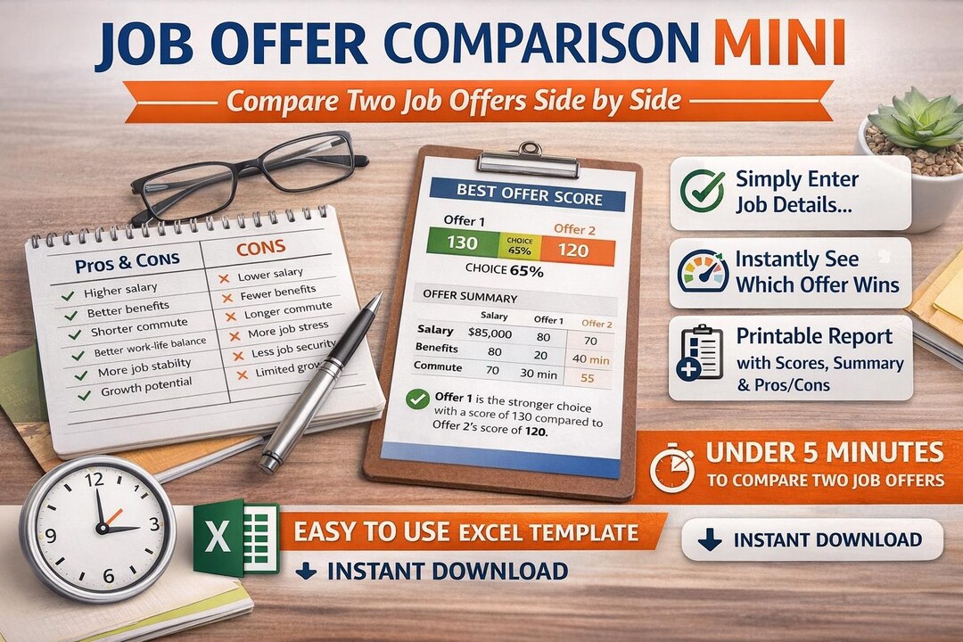 Job Offer Comparison Spreadsheet | Excel Salary Benefits Tool (digital ...
