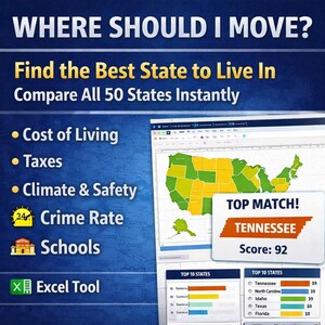 May include: A digital graphic asking "WHERE SHOULD I MOVE?" and offering to "Find the Best State to Live In". It features a U.S. map with green and yellow states, and a chart showing top states. Tennessee is the top match, scoring 92.
