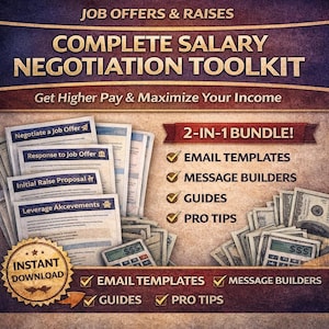 May include: A digital marketing image promoting a salary negotiation toolkit. The image features documents, money, and calculators. Text includes "Complete Salary Negotiation Toolkit" and "Instant Download."