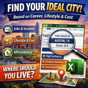 Può includere: Grafica promozionale con il testo "FIND YOUR IDEAL CITY!" e "Based on Career, Lifestyle & Cost." Include icone per Jobs & Income, Lifestyle & Fun e Affordability. Una lente d'ingrandimento evidenzia "Austin, TX" con un punteggio di 8,9.