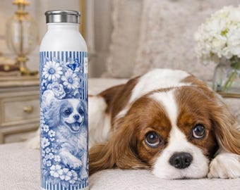 Cavalier King Charles Spaniels in New York Flowers Blue Stripes Slim Water Bottle