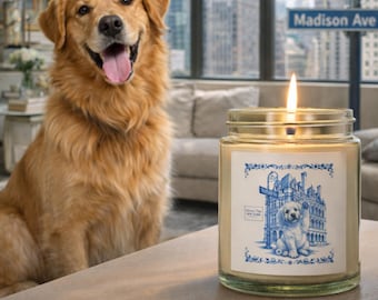 Golden Retriever NYC Illustration Candle: Madison Avenue Dog Art, Coconut Apricot Wax