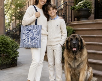 Leonberger Tote Bag, Leonberger Mom Gift, Blue and White Botanical Dog Art, Giant Breed Dog Lover Gift, Streetwise Dogs New York